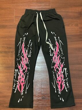 Black Sweatpants with Pink Flame Graphics - Drawstring Joggers